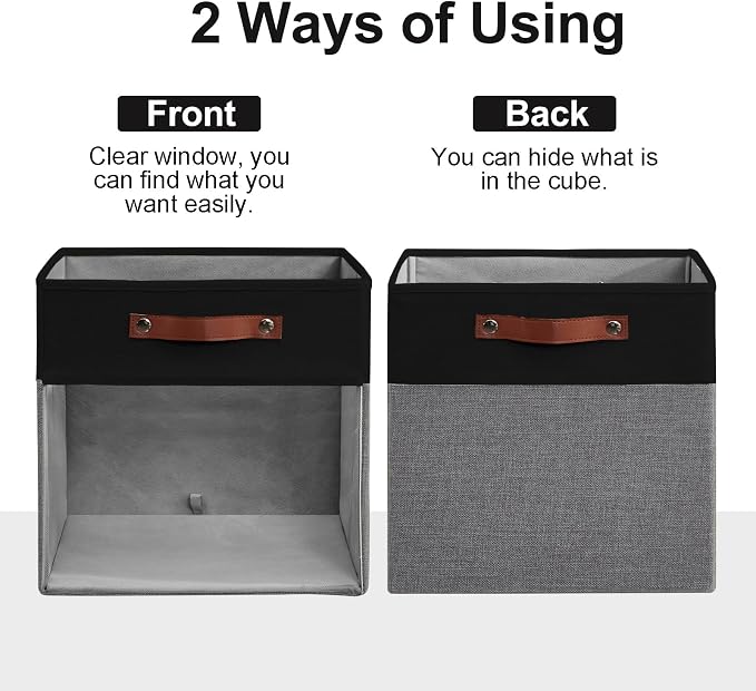Storage Cubes, 4 Pack Linen Foldable Storage Bins (13 x 13 inch) with Clear Window and Handles, Fabric Organizer for Shelf Closet, Clothes, Books - (Gray and Black) - Image 7