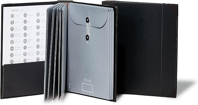 The Folio® Important Document Organizer by Savor | Binder with Guided Labels, Acid-Free File Folder Organizer with 10 Pockets, Document Holder for Home Records, Legal and Medical Papers (Black) by Savor