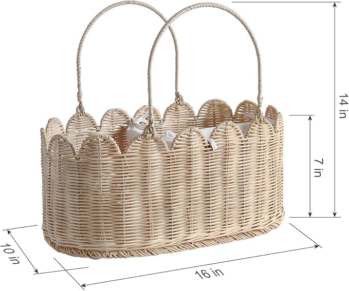 Premium Wicker Baby Diaper Caddy Organizer,Woven Scalloped Rattan Basket with Handle,Wicker Baby Carriage for Nursery (Scalloped Rattan Baby Diaper Caddy Organizer) - Image 4