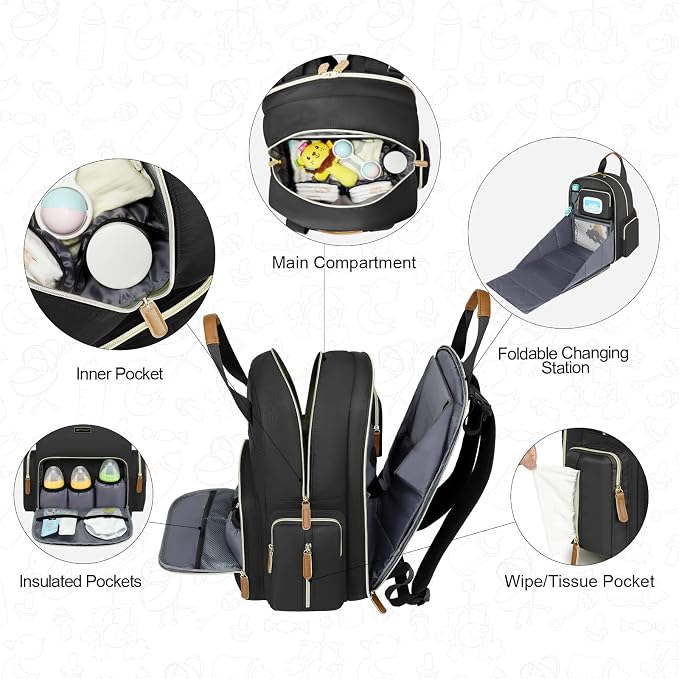 Diaper Bag Backpack with Changing Station, Baby Diaper Organizer Travel Bag | Large Capacity Diaper Bag for Moms Dads - Fold Out Changing Pad, Insulated Pockets, Stroller Straps, Baby Eessentials - Image 4