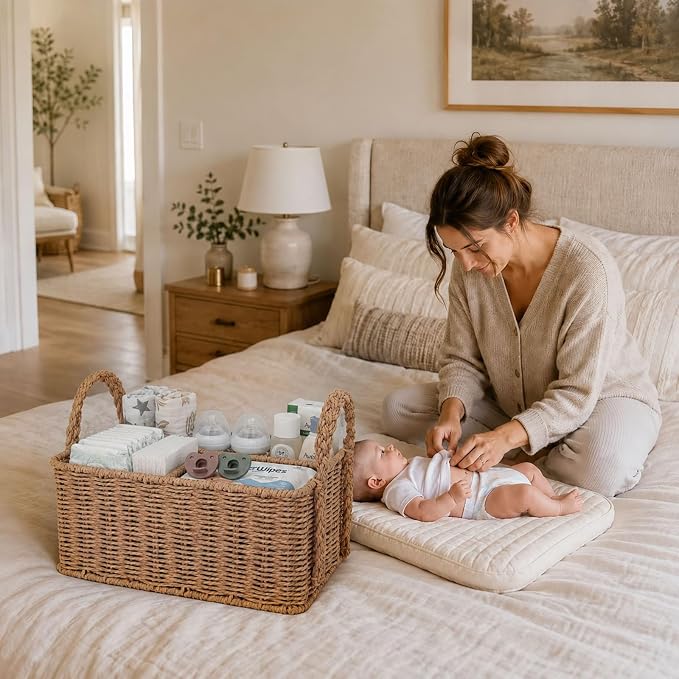 Diaper Caddy Organizer, Paper Rope Storage Baskets Nursery Bin with Removable Divider, Portable Car Organizer for Diapers, Baby Shower Gifts, Newborn Essentials Must Haves - Image 6
