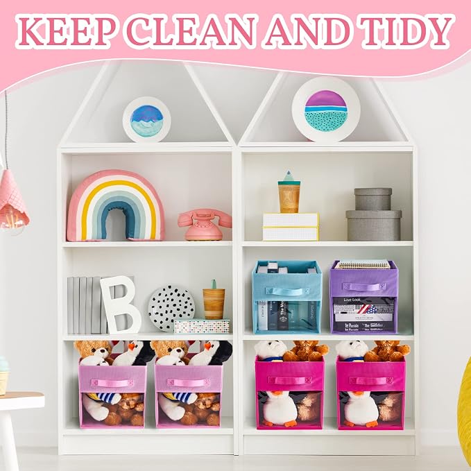 Marsui 12 Pcs Clear Cube Storage Bins 11 Inch Pink Collapsible Kids Storage Bins Fabric Classroom Organizer with Window for Kid Playroom Room Daycare Nursery(Blue, Purple, Rose, Pink) - Image 3