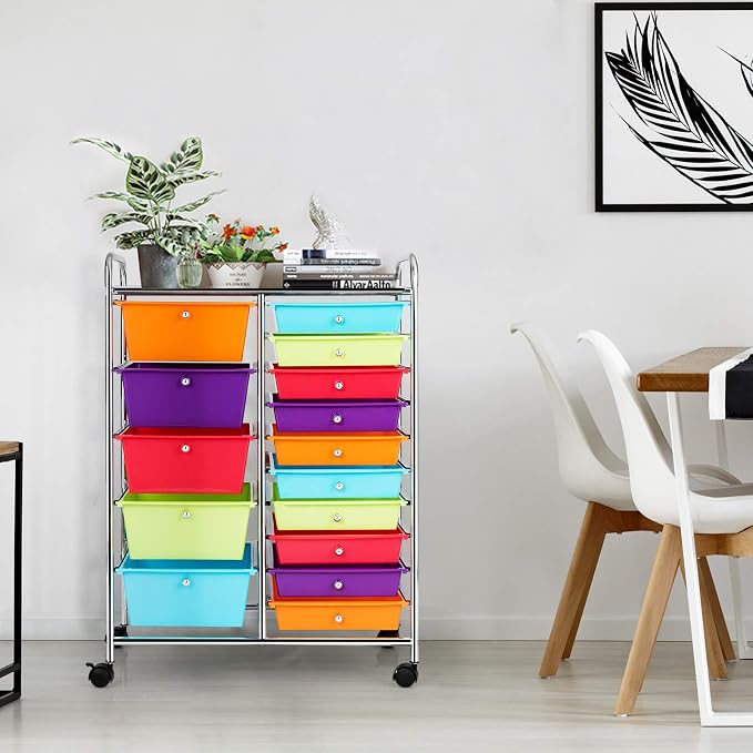 15 Drawer Rolling Storage Cart, Rolling Cart with Drawers for Classroom, Art Supply Craft Organizer on Wheel with Metal Frame & Handles for Home Office School - Image 8