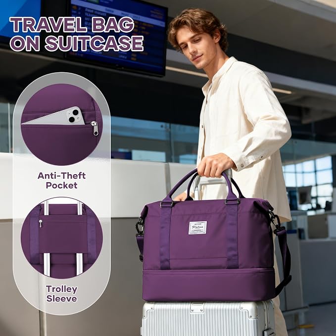 Travel Duffel Weekender Bag Women Tote Carry On Bags With Shoe Compartment | 18x14x8 inches Travel Overnight Bags with Trolley Sleeve for Airplanes Sport Tote Gym for Men Lightweight Daypack DeepPurple - Image 3