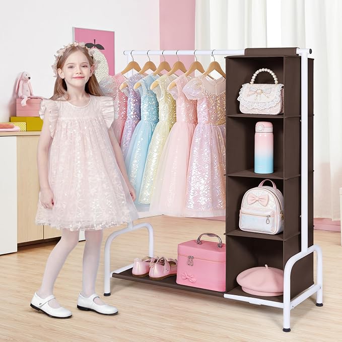Univivi Kids Clothing Rack with Hanging Organizer, 43 Inch, Brown and White | Toddler Dress Up Storage with Bottom Shelf, Sturdy Metal Dress Up Rack, Toddler Wardrobe Rack for Nursery, Playroom, Bedroom - Image 2