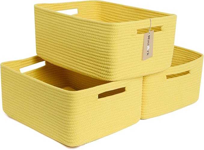 MiniArk Large Storage Baskets for Shelves, 17 x 13 x 7.5” Closet Organizers Bins for Clothes Blanket Towels, Baby Nursery, Toy Baskets Box, Woven Rope Baskets, 3 Packs Yellow by MiniArkStorageBasketsHome