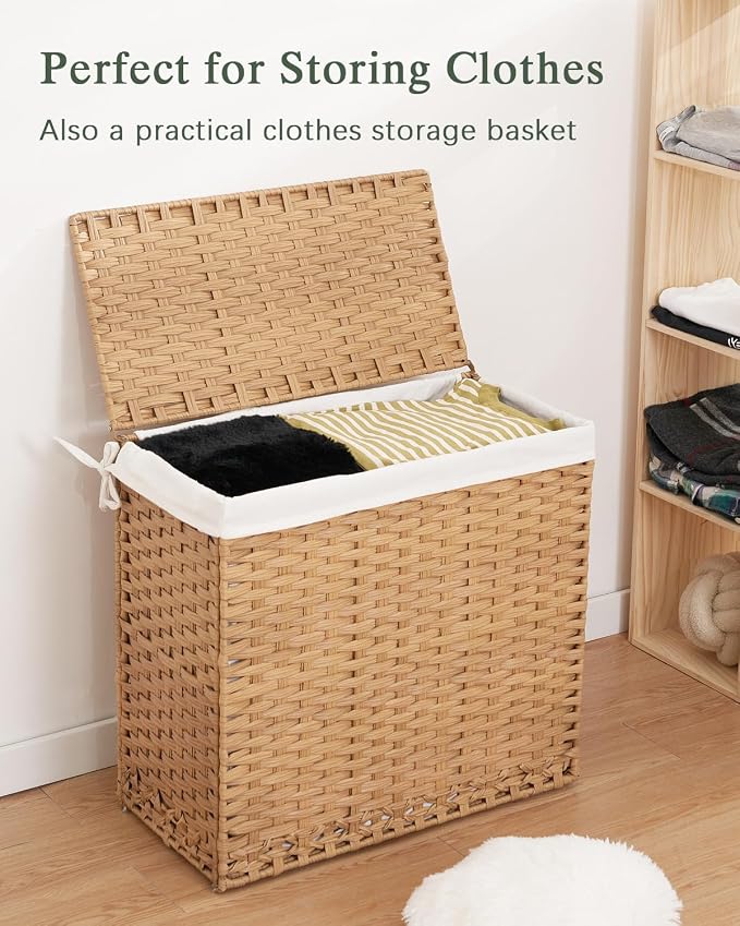 SETVSON Laundry Hamper with Lid Laundry Basket 132 L PE Rattan Natural | Decorative PE Rattan Furniture Look for Bedroom, Large Sorting Hamper with Lid, 4 Liners, 6 Mesh Bags, Steel Frame - Image 4