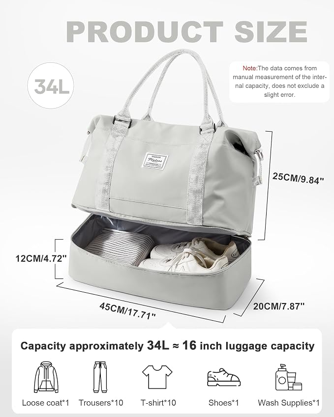 Travel Duffel Weekender Bag Women Tote Carry On Bags With Shoe Compartment | 18x14x8 inches Travel Overnight Bags with Trolley Sleeve for Airplanes Sport Tote Gym for Men Lightweight Daypack Grey. - Image 4