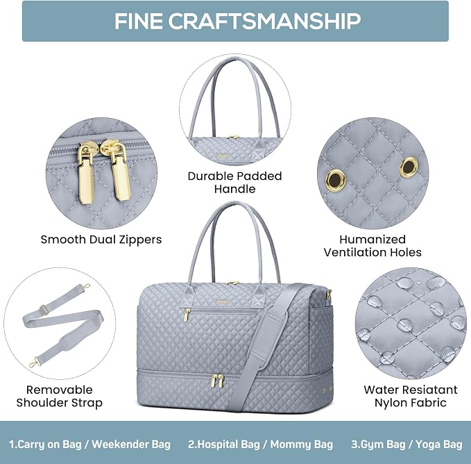 Travel Bag Weekender Bags for Women - Carry on Overnight Bag with Shoe Compartment Duffle Bag with Laptop Pocket Hospital Bag Grey - Image 5