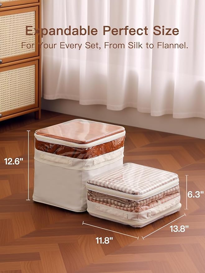 CoiiJoii 3 Pack Sheet Organizers And Storage, Double Side Clear Hard Shell Window. Expandable Blanket Storage Bags, Large Stackable Closet Storage Bins. - Image 2