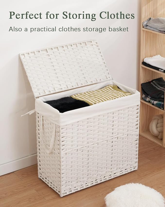 SETVSON Laundry Hamper with Lid Laundry Basket 132 L PE Rattan, White | Large Family Clothes Sorter Trunk with Lid, 3 Compartment Washable Liners, 6 Mesh Bags, Collapsible Steel Frame - Image 4