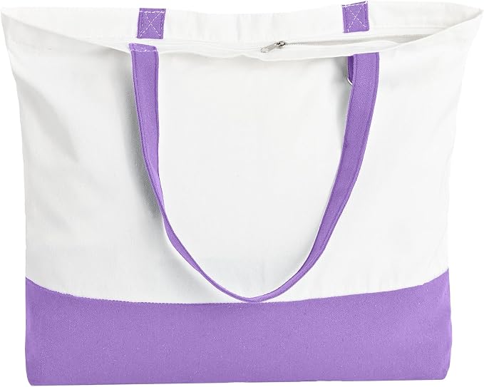 1 Pack Canvas Tote Bag with Zipper, Large Blank Grocery Tote, Purple | Reusable, washable, inner pocket, flat bottom, sturdy handle, for sublimation DIY/transfer, travel/beach/gift/Christmas craft by HWJH