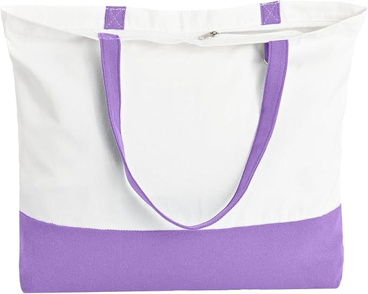 1 Pack Canvas Tote Bag with Zipper, Large Blank Grocery Tote, Purple | Reusable, washable, inner pocket, flat bottom, sturdy handle, for sublimation DIY/transfer, travel/beach/gift/Christmas craft by HWJH