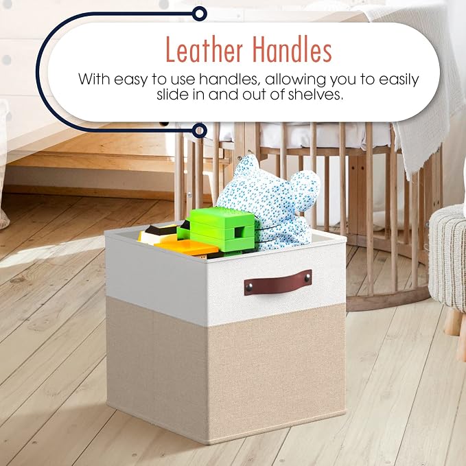 Ornavo Home 13x13 Foldable Fabric Storage Cube Bins, 6 Pack, White/Khaki | Collapsible Linen Shelf Basket Organizer; Leather Handles; Ideal Cube Storage For Closet - Image 5