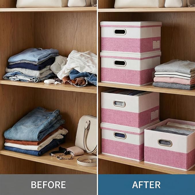 Storage Bins with Lids [3-Pack] Linen Fabric Foldable Storage Boxes Organizer Containers Baskets Cube with Cover for Bedroom Closet Office Pink&White（11.4X8.6X6.7 - Image 6