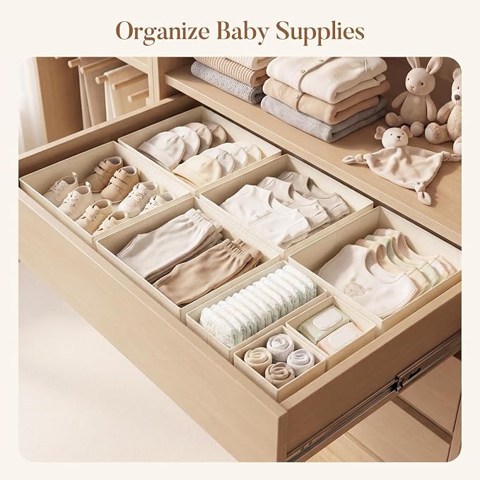 Drawer Organizer Clothes 10 Pack Washable Fabric Closet Storage Bins Flat Bottom Board Dresser Dividers for Bedroom Wardrobe Nursery Clothes Socks Underwear Bins, Beige - Image 3