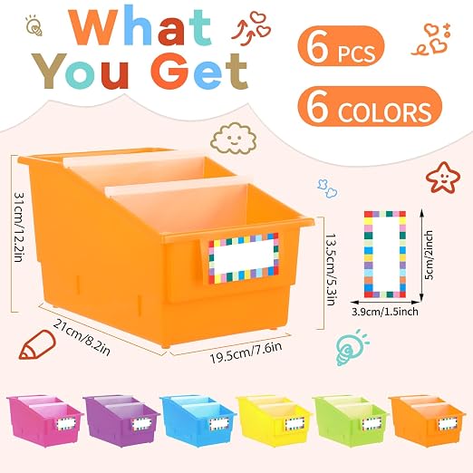 6 Pack Picture Book Bins with Dividers Plastic Book Holders with Labels Stackable Classroom Organization Bins Magazine File Binder Holder Storage Container for Library Home Office(Fluorescent Color) - Image 2