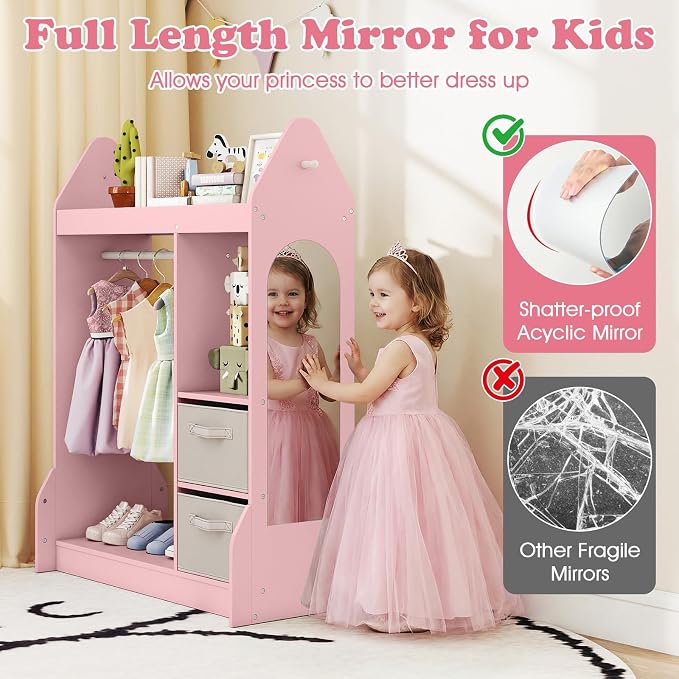 Costzon Kids Dress Up Storage with Mirror, Clothes Rack, Shelves, 2 Fabric Storage Bins, Pretend Play Costume Organizer, Open Hanging Wardrobe Closet Armoire Dresser for Bedroom Playroom - Image 3