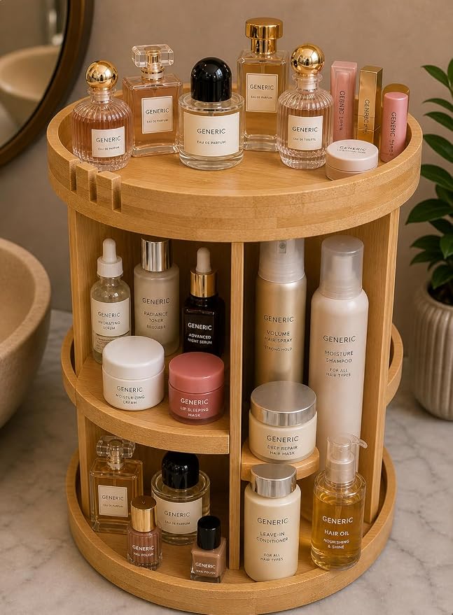 Bamboo Rotating Makeup Organizer with Adjustable Shelves - Round, Multipurpose Storage 360° Carousel for Vanity, Bathroom, Kitchen Countertop, Bedroom, Desk - Image 2