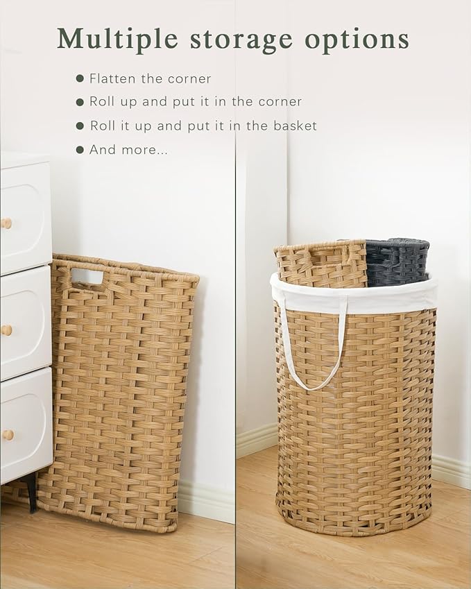 SETVSON Large Laundry Hamper Laundry Basket Round 34.3 Gal PE, Natural | 130L Jumbo Family PE Rattan Hamper, Removable Washable Liner Bag with Handles, 2 Mesh Wash Bags, Steel Frame, Foldable - Image 5