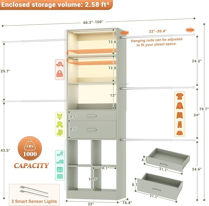Besiost Closet System, 4-8 FT Closet Organizer System with Smart Sensor Lights, 2 Wooden Drawers and 5 Hanging Rods, Crab Green - Image 2