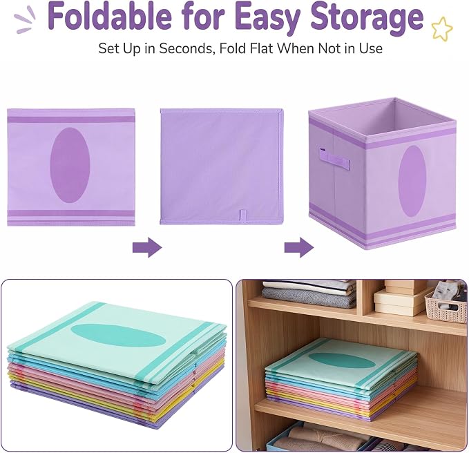 Glooglitter 6 Pack 11 Inch Crayon Fabric Storage Cube with Handles Pastel Collapsible Bin Classroom Must Have Foldable Colorful Closet Bin Basket for Nursery Classroom School Playroom Shelves - Image 3