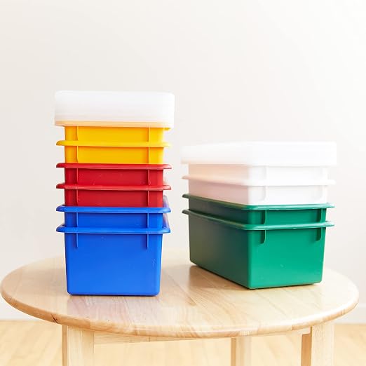 ECR4Kids Cubby Storage Bin with Lid, Multipurpose Organization, Assorted, 10-Piece | Durable plastic, GREENGUARD Gold Certified, 7 quart capacity, lightweight & nestable, easy-lift lids, classroom/home use - Image 7