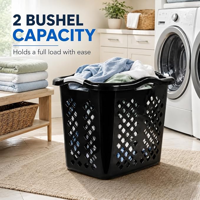 Laundry Basket 2 Bushel Plastic with Handles Black for Bedroom Dorm | 2 Bushel Laundry Basket with Wide Base – Tall sides like a hamper, wide base for stability. Diamond holes for ventilation. - Image 6