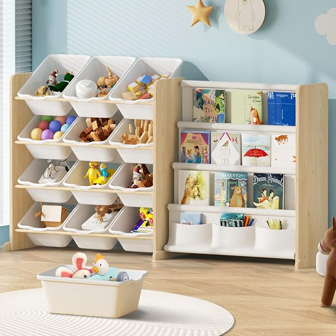 EXPERLAM Kids Toy Storage Organizer - Toy Organizer with Bookshelf, Toy Storage with 12 Toy White Bins and 4 Book Shelves, Toy Organizers and Storage for Playroom, Nursery, Kids Room, Burlywood by EXPERLAM
