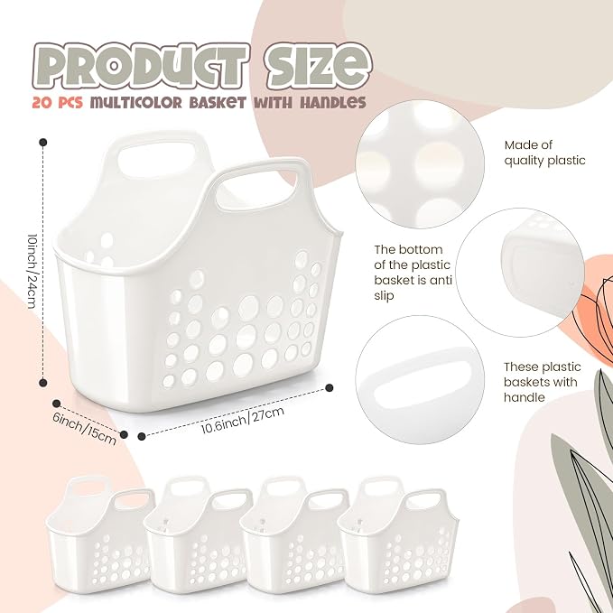 Nuogo 20 Pack Plastic Baskets with Handles Portable Shower Caddy Storage Baskets Reusable Caddy tote Organizer Bin for Bathroom Dorm Communal Showers Kitchen, 10.6" x 6" x 10" (White) - Image 2