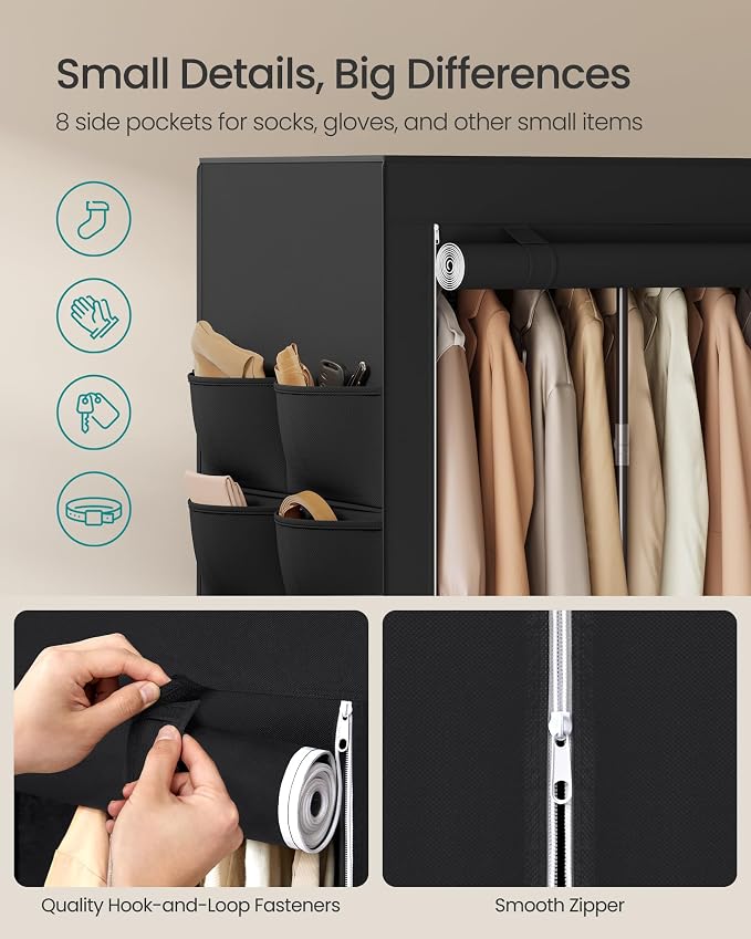 SONGMICS Portable Closet, Fabric Wardrobe, Clothes Rack with Shelves, Pockets, Large Capacity, 4 Hanging Rods, 74.4 x 17.7 x 70.9 Inches, Black URYG011BZ02 - Image 7