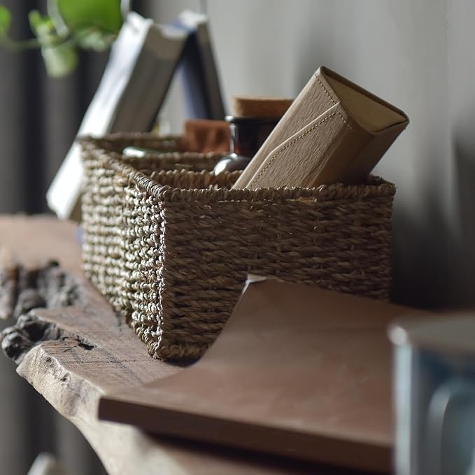 StorageWorks Wicker Toilet Basket Tank Topper, Seagrass Storage Baskets | Wicker Basket, Toilet Paper Storage for Back of Toilet Tank, Woven Baskets for Shelves, Wicker Baskets with 3 Compartments - Image 5