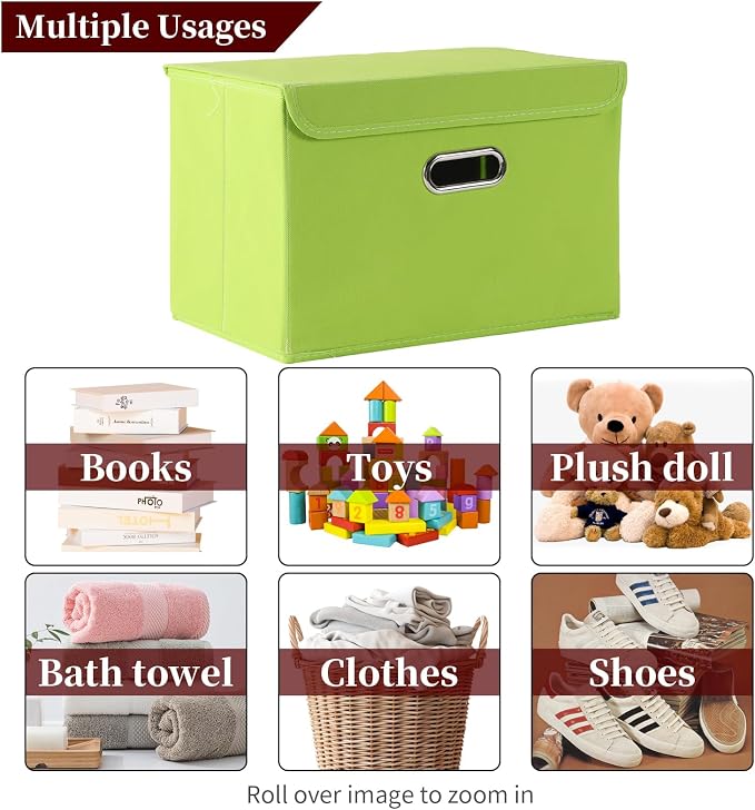 STOREONE Fabric Storage Cube Bins Foldable Organizer Container Collapsible Basket with Lids and Metal Handles, for Home, Bedroom, Closet 3 Pcs (multicolour-green) - Image 3