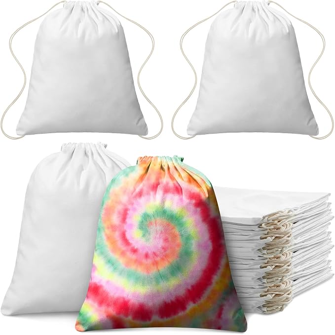 100 Pcs Tie Dye Cotton Drawstring Bags Bulk, 14"x16" | Blank White Cotton for Sublimation, DIY Party Activities. Bulk Drawstring Backpacks for School Groups, Camps, Crafts by Saintrygo