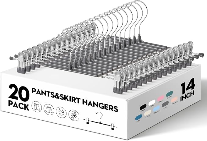 Pants Skirt Hangers with Clips, 20 Pack, Gray, 14 Inch | Non-Slip,Adjustable metal wide clips,Space-Saving,Heavy duty, for pants/skirt/dress/trousers/jeans/shorts/leggings,Women - Image 2