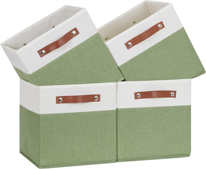 Temary Fabric Storage Bin 11x11 Cube Storage Bins for Home, 4 Pack Fabric Organizer Bins Cube Organizer Bins with Leather Handles Decorative Storage Bins for Shelf (White&Green) by TEMARY