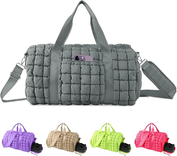 Quilted Travel Duffle Bag Gym Bag for Women,Large Puffer Duffle Weekender Bag with Compartment,Workout Overnight Carry on Organizer Bag Duffle Bag for Airplane Travel(L-Grey) by XSUIOY