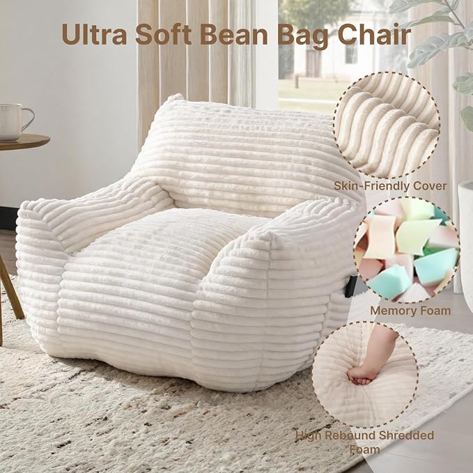 Bean Bag Chair for Adults & Kids, Giant Bean Bag Sofa with Side Pocket, Corduroy Beanbag Chair with Armrests, Comfy Stuffed Floor Sofa for Living Room Bedroom Dorm, White - Image 4