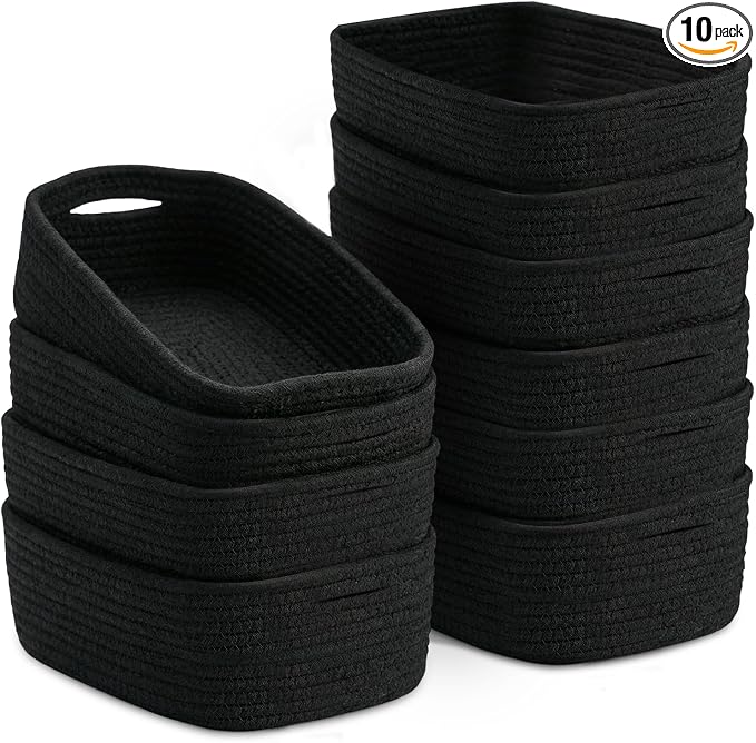 10 Pack Black Small Woven Baskets for Organizing, 11.5"x7.5"x4.7" Cotton Rope Storage Bins, Sleek Empty Gift Baskets for Modern Home, Office, Bathroom Shelf & Closet Organization by AFOROEOA