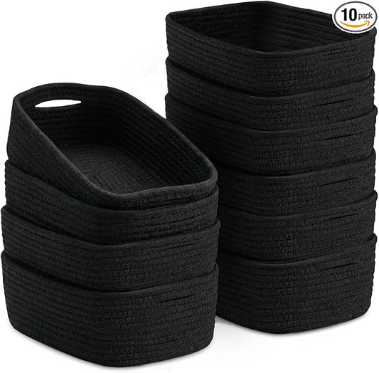 10 Pack Black Small Woven Baskets for Organizing, 11.5"x7.5"x4.7" Cotton Rope Storage Bins, Sleek Empty Gift Baskets for Modern Home, Office, Bathroom Shelf & Closet Organization by AFOROEOA