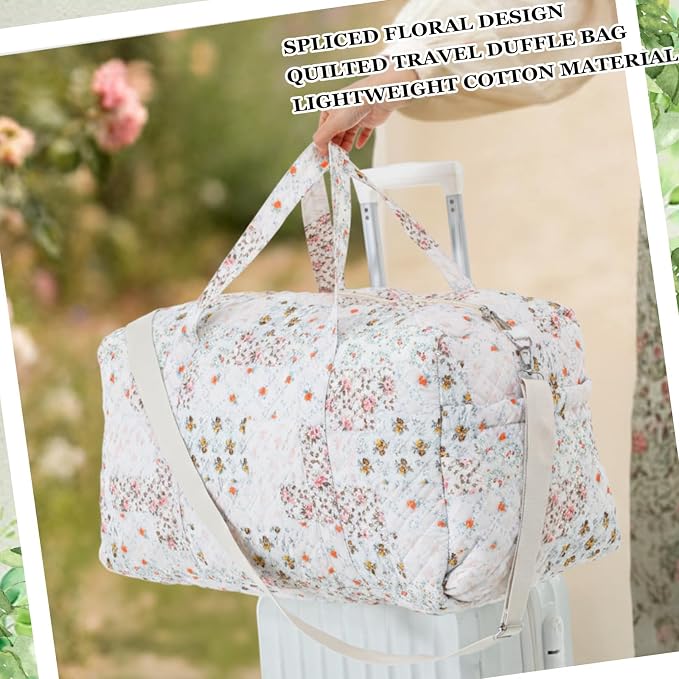 Dansydaisy Large Quilted Travel Duffle Bag for Women Floral Portable Gym Weekender Bag with Zipper Pockets Workout Grocery Pouch Duffle Gift Pouch for Work(Light Colored Spliced Floral) - Image 3