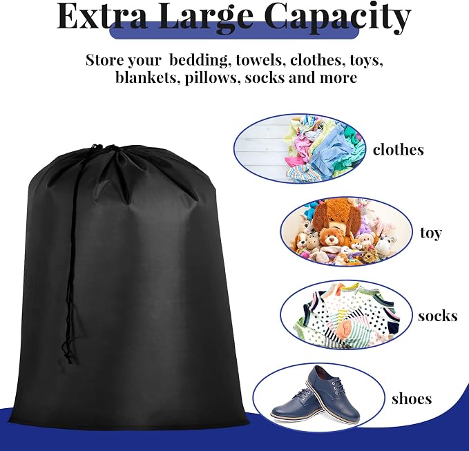 Woanger 12 Pack 28 x 45 Inch Extra Large Laundry Bags Bulk, Black | Washable Polyester, Drawstring Closure, For Clothes and Bedding, Foldable for College Dorms, Hotels, Camping and Travel - Image 4