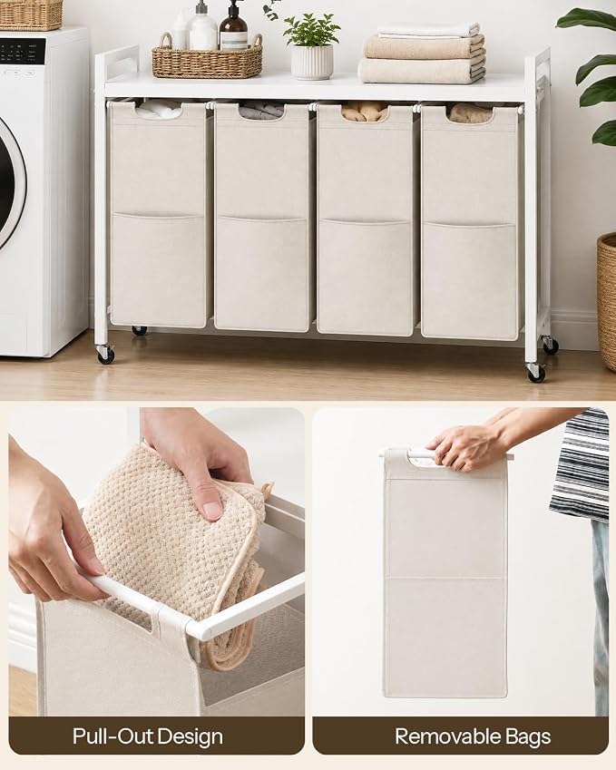 HOOBRO Laundry Sorter 4 Sections, Laundry Hamper with Wheels, 4 × 10.5 Gal (40 L), Rolling Laundry Basket, Pull-Out and Removable Oxford Fabric Bags, White WG04XY01 - Image 5