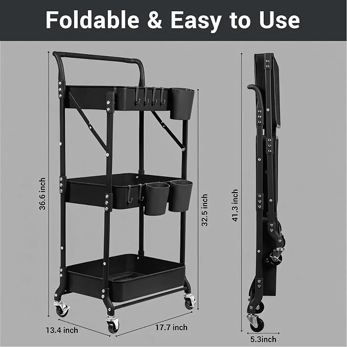 Amatic 3 Tier Foldable Rolling Cart with Wheels, Folding Utility Cart Organizer, Collapsible Rolling Storage Cart with 3 Hanging Cups & 6 Hooks for Kitchen, Office, Nursery(Black) - Image 2
