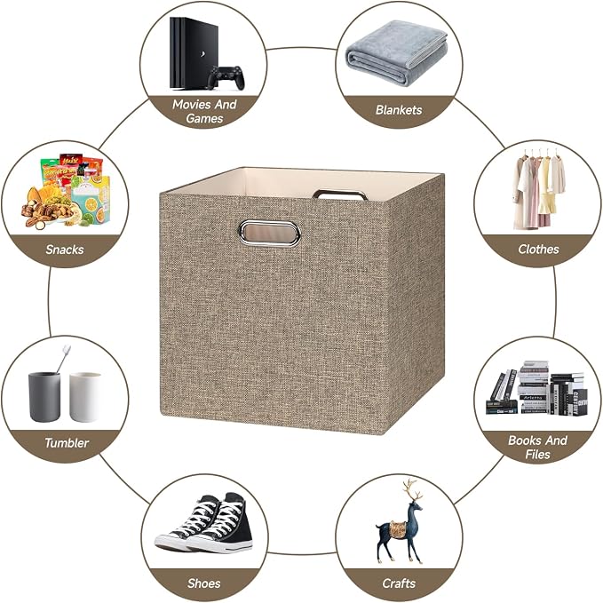 Posprica Collapsible Storage Bins,13×13 Foldable Storage Cube Boxes Fabric Drawer Fabric Storage Bins Vinyl Record Light Coffee, 4 Pack - Image 5