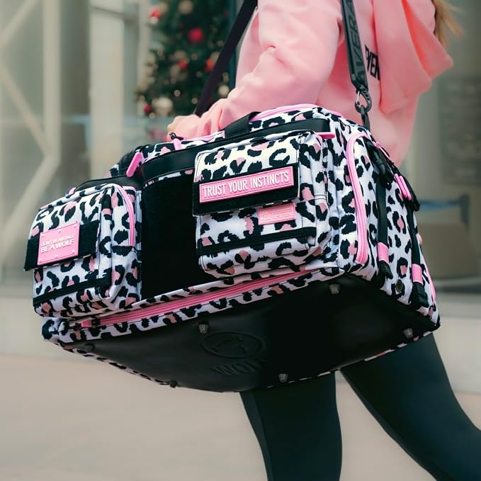 WOLFpak Ultimate 40L Gym & Travel Duffle Bag Rigid Frame (Leopard Pink Zip) | 16" Dual Laptop Sleeves, 180° Full Opening, Hidden Security Pocket, Shoe Compartment, Trolley Sleeve, MOLLE Webbing - Image 8