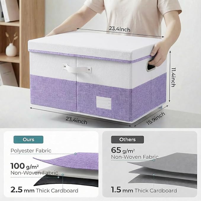 Storage Bins with Lids [3-Pack] Linen Fabric Foldable Storage Boxes Organizer Containers Baskets Cube with Cover for Bedroom Closet Office White&Purple (23.4X15.9X11.4) - Image 3