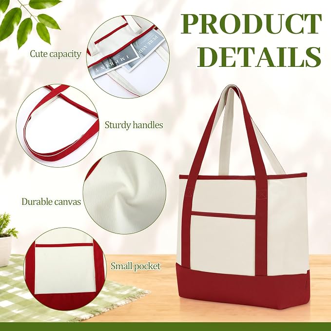 Sanwuta Canvas Tote Bags Bulk with Outer Pockets,Red Green,12 Pack | Reusable Cotton Grocery Bags, Perfect for Teachers, Party Giveaways, DIY Crafts, Wedding Favors, Business Gifts - Image 4