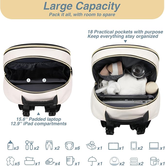 Diaper Bag Backpack, Quilted Baby Bag with Changing Pad & Stroller Straps & Pacifier Case, Multifunction Waterproof Travel Diaper Bags, Unisex, Black Beige - Image 7