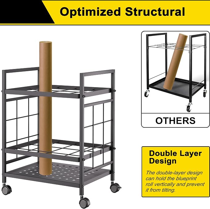 GIOTORENT Blueprint Storage Rack, Blueprint Holder with Wheels, Used for Storing Map/Poster/Blueprint/Architectural Construction Plan, 12 Slots, 2 Brakes, Silent Wheel for Home, Office, School(Black) - Image 6